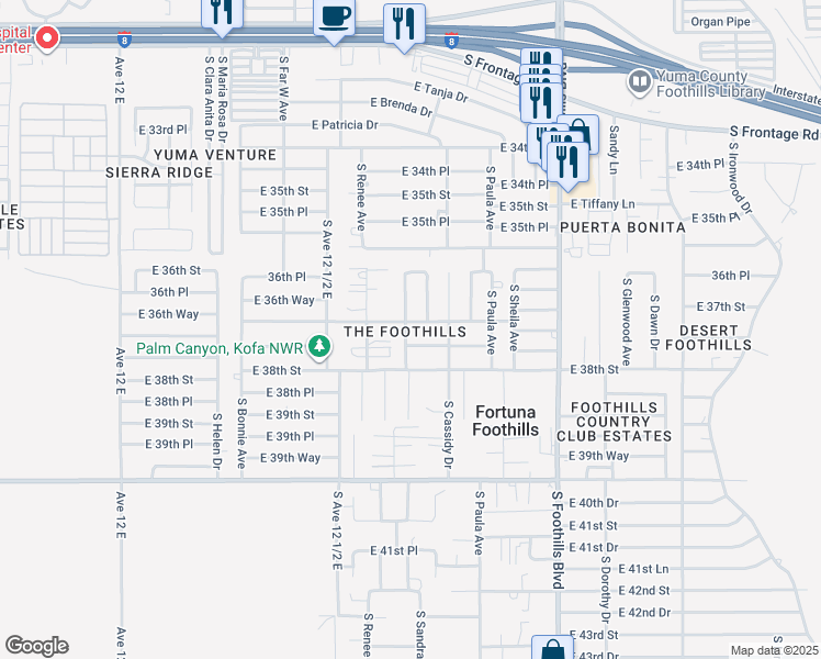 map of restaurants, bars, coffee shops, grocery stores, and more near 12615 East 37th Street in Yuma