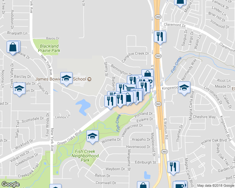 map of restaurants, bars, coffee shops, grocery stores, and more near 5309 Barberry Drive in Arlington
