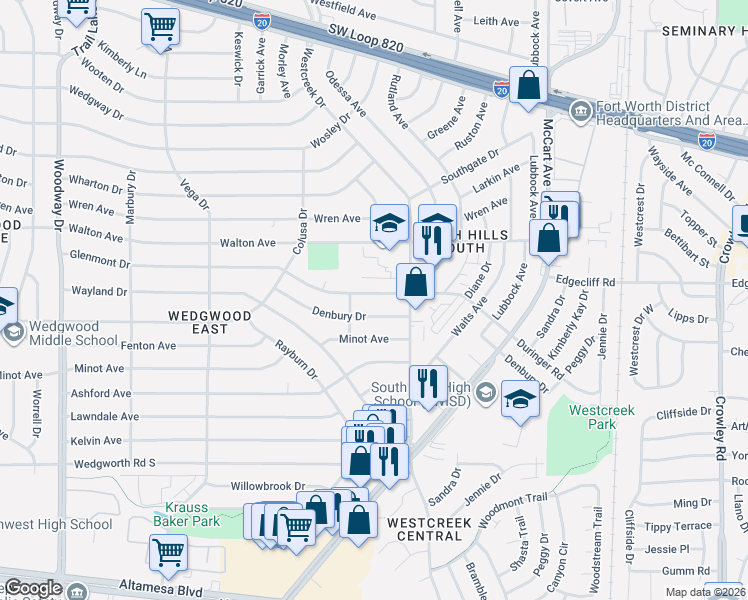 map of restaurants, bars, coffee shops, grocery stores, and more near 3301 Glenmont Drive in Fort Worth
