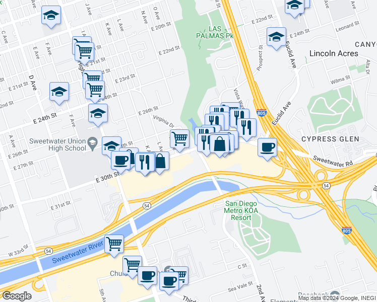 map of restaurants, bars, coffee shops, grocery stores, and more near 4453 N Avenue in National City