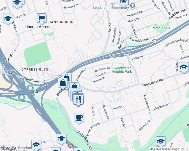 map of restaurants, bars, coffee shops, grocery stores, and more near 3333 Cagle Street in National City