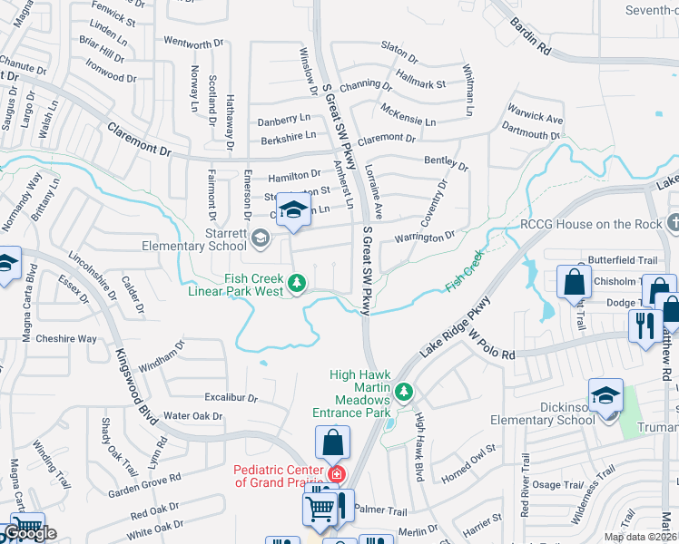 map of restaurants, bars, coffee shops, grocery stores, and more near 4610 Covington Court in Grand Prairie