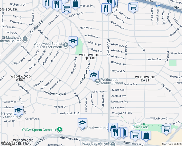 map of restaurants, bars, coffee shops, grocery stores, and more near 5644 Wimbleton Way in Fort Worth