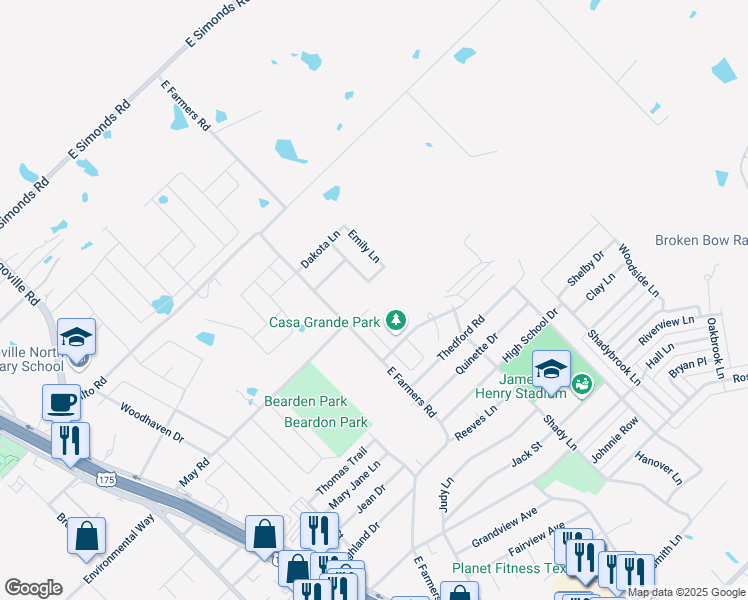 map of restaurants, bars, coffee shops, grocery stores, and more near 813 Huddleston Street in Seagoville