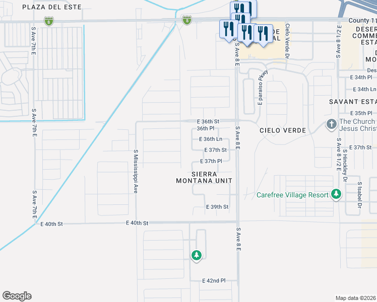 map of restaurants, bars, coffee shops, grocery stores, and more near 3692 South Sage Avenue in Yuma