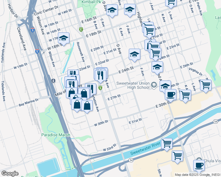 map of restaurants, bars, coffee shops, grocery stores, and more near 2530 B Avenue in National City