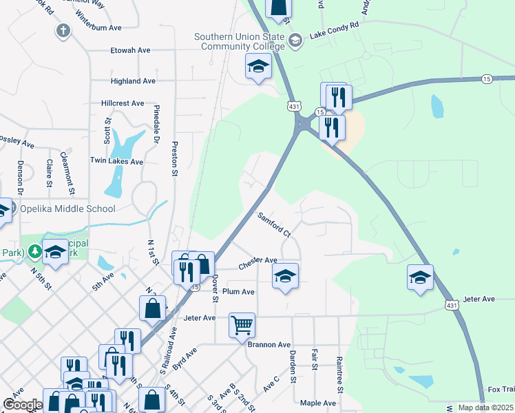map of restaurants, bars, coffee shops, grocery stores, and more near 208 Samford Avenue in Opelika