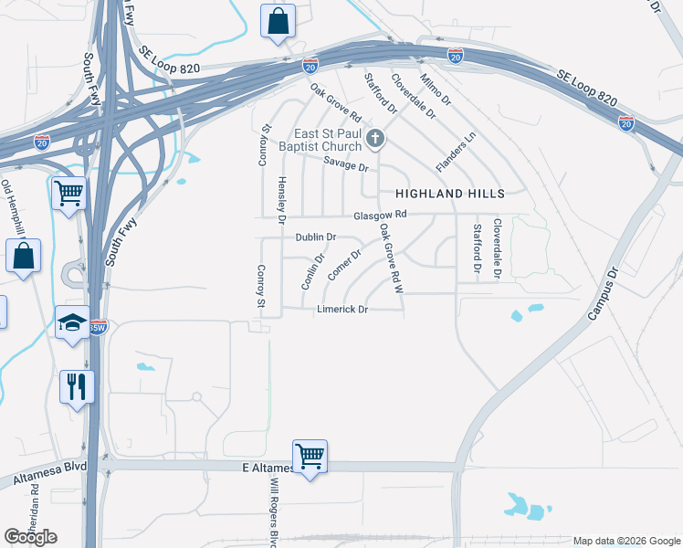 map of restaurants, bars, coffee shops, grocery stores, and more near 5640 De Cory Road in Fort Worth