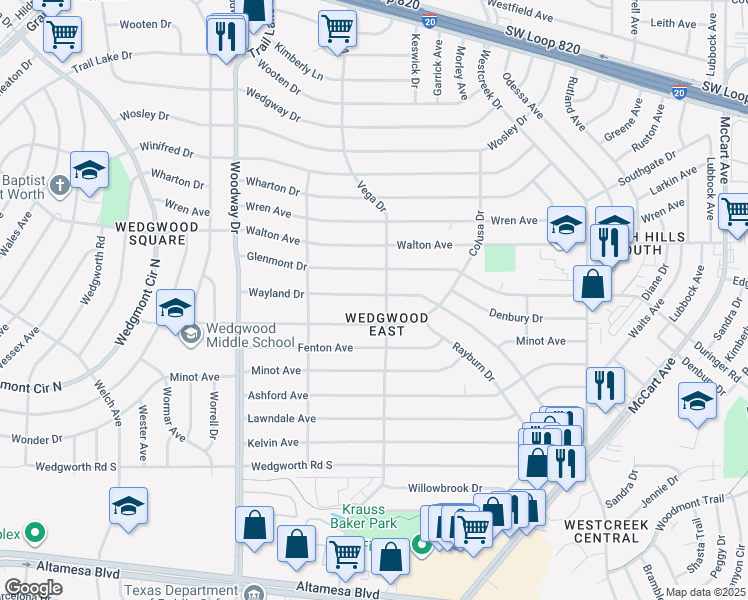 map of restaurants, bars, coffee shops, grocery stores, and more near 3705 Wayland Drive in Fort Worth