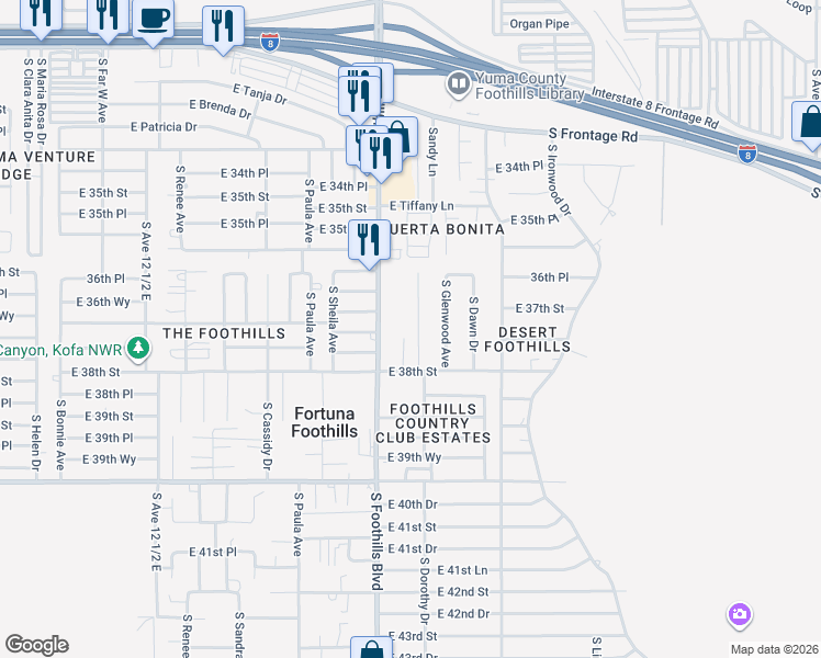 map of restaurants, bars, coffee shops, grocery stores, and more near 11611 South Dorothy Drive in Yuma