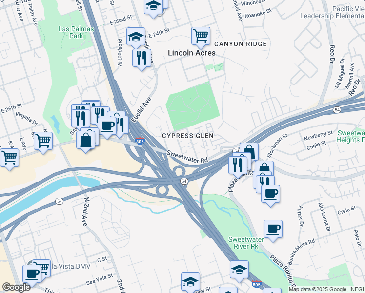 map of restaurants, bars, coffee shops, grocery stores, and more near 3315 Orange Street in National City