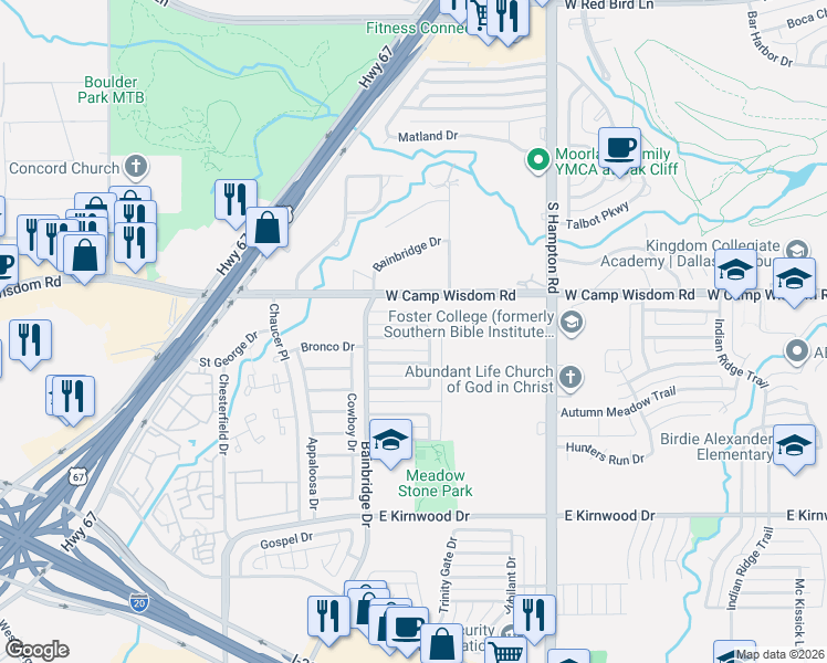 map of restaurants, bars, coffee shops, grocery stores, and more near 2717 Meadow Dawn Lane in Dallas