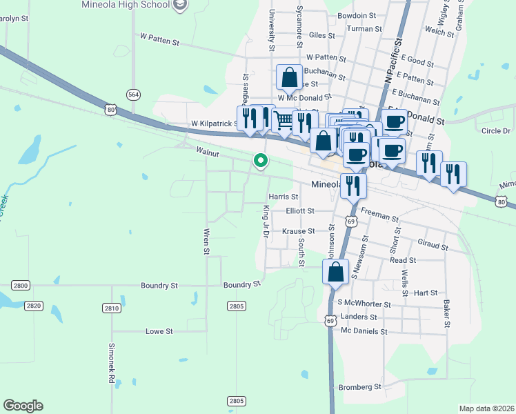 map of restaurants, bars, coffee shops, grocery stores, and more near 311 Harris Street in Mineola