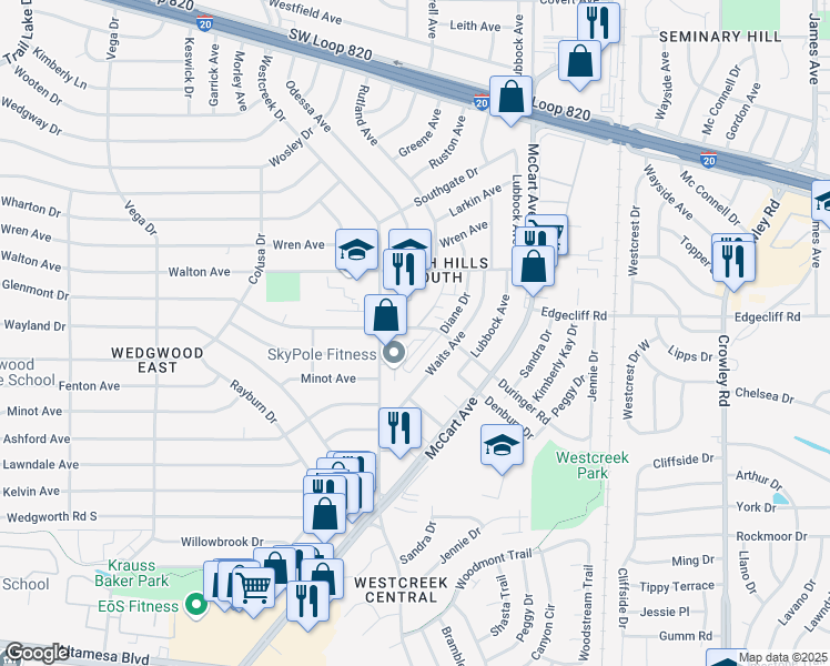 map of restaurants, bars, coffee shops, grocery stores, and more near 5958 Duringer Road in Fort Worth