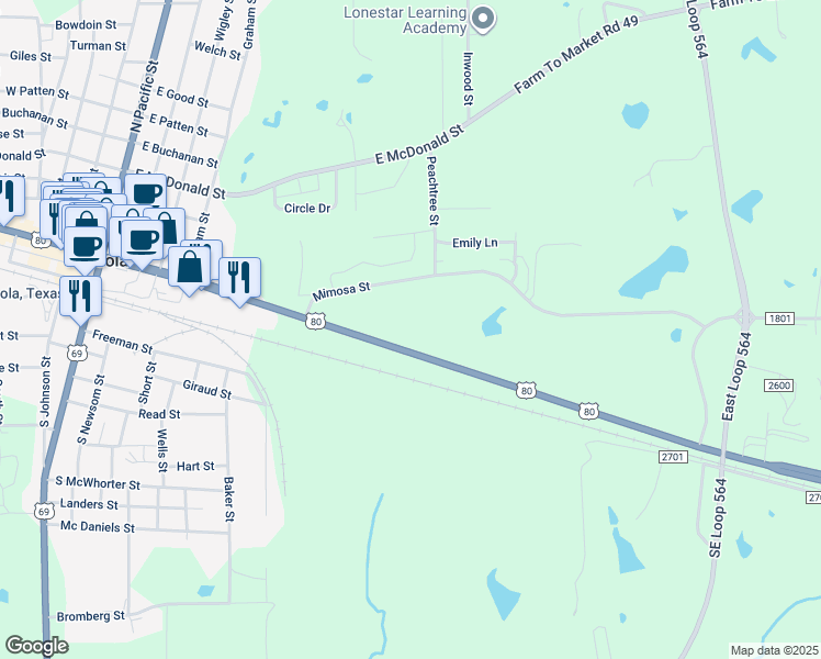 map of restaurants, bars, coffee shops, grocery stores, and more near 911 East Broad Street in Mineola