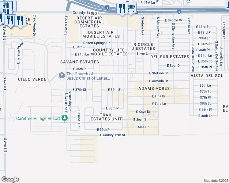 map of restaurants, bars, coffee shops, grocery stores, and more near 3707 South Kimball Avenue in Yuma