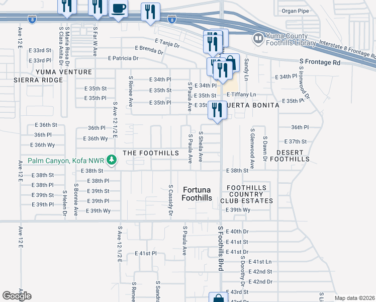 map of restaurants, bars, coffee shops, grocery stores, and more near 11650 South Paula Avenue in Yuma