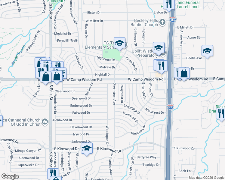 map of restaurants, bars, coffee shops, grocery stores, and more near 7123 Greenspan Avenue in Dallas