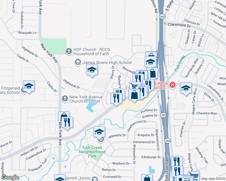 map of restaurants, bars, coffee shops, grocery stores, and more near 5306 Pocassett Drive in Arlington