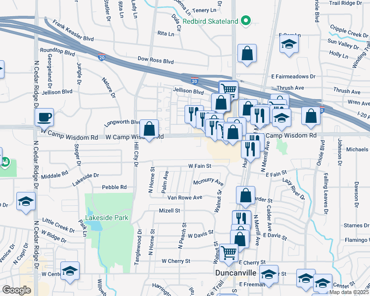 map of restaurants, bars, coffee shops, grocery stores, and more near 312 West Camp Wisdom Road in Duncanville