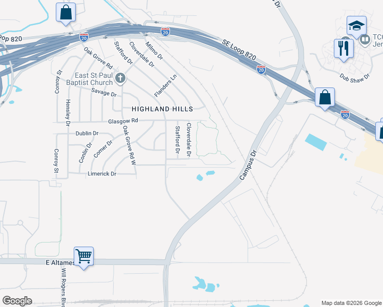map of restaurants, bars, coffee shops, grocery stores, and more near 5625 Cloverdale Drive in Fort Worth