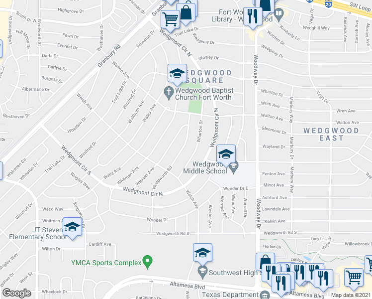map of restaurants, bars, coffee shops, grocery stores, and more near 5701 Wedgworth Road in Fort Worth
