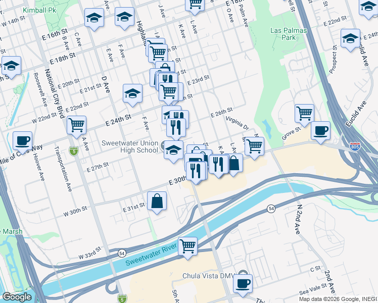 map of restaurants, bars, coffee shops, grocery stores, and more near 826 East 28th Street in National City