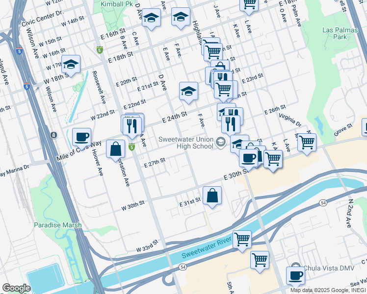 map of restaurants, bars, coffee shops, grocery stores, and more near 2622 D Avenue in National City