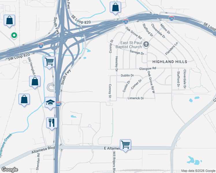 map of restaurants, bars, coffee shops, grocery stores, and more near 5628 Conroy Street in Fort Worth