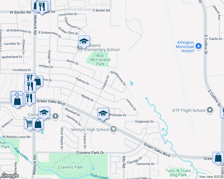map of restaurants, bars, coffee shops, grocery stores, and more near 510 Juniper Drive in Arlington