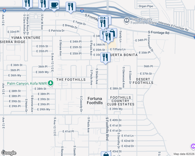 map of restaurants, bars, coffee shops, grocery stores, and more near 12800 East 37th Place in Yuma