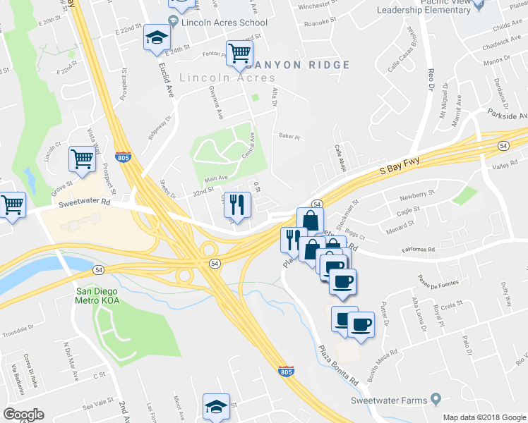 map of restaurants, bars, coffee shops, grocery stores, and more near 7 B Street in National City