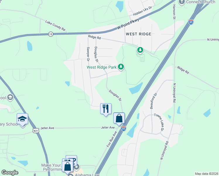 map of restaurants, bars, coffee shops, grocery stores, and more near 1205 Douglas Street in Opelika