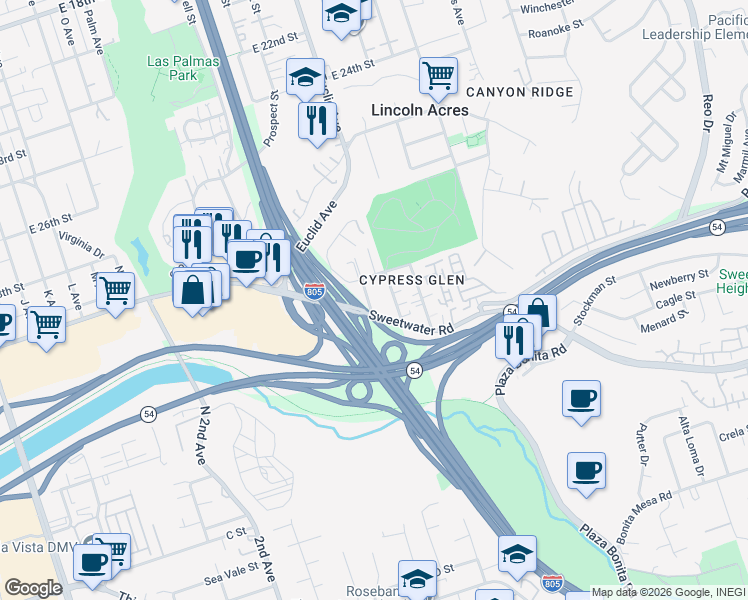 map of restaurants, bars, coffee shops, grocery stores, and more near 3241 Olive Street in National City