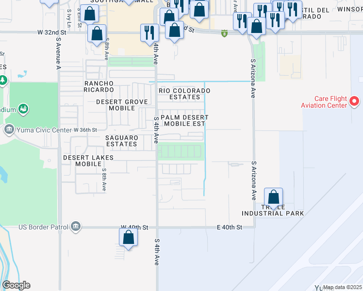 map of restaurants, bars, coffee shops, grocery stores, and more near Mesa Verde Way in Yuma