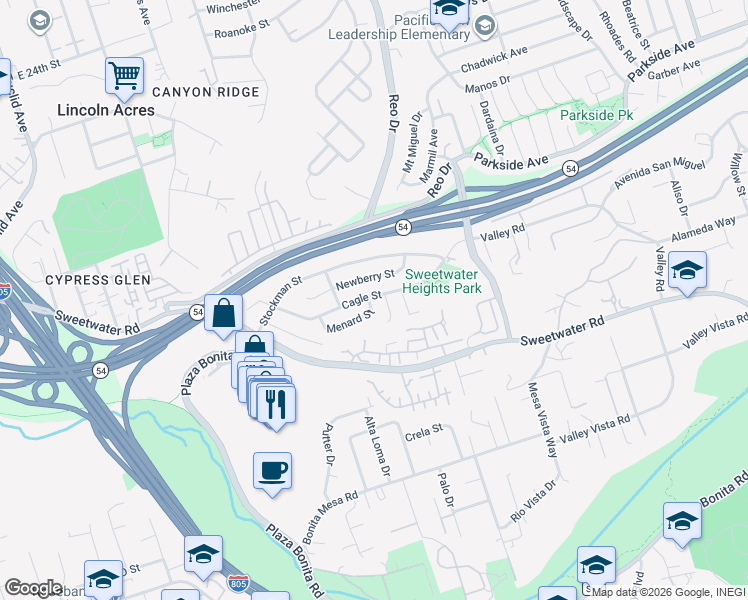 map of restaurants, bars, coffee shops, grocery stores, and more near 3448 Menard Street in National City