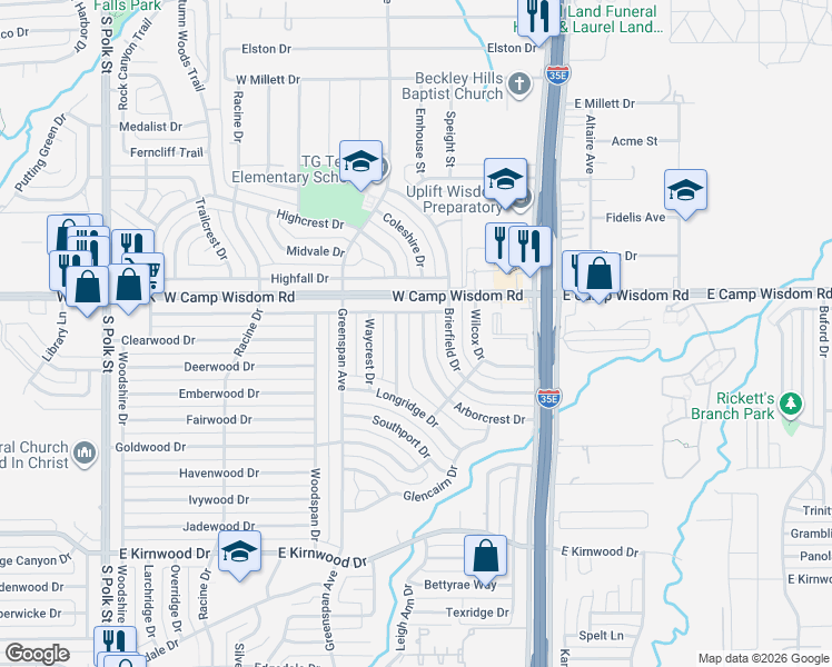 map of restaurants, bars, coffee shops, grocery stores, and more near 7119 Arborcrest Drive in Dallas