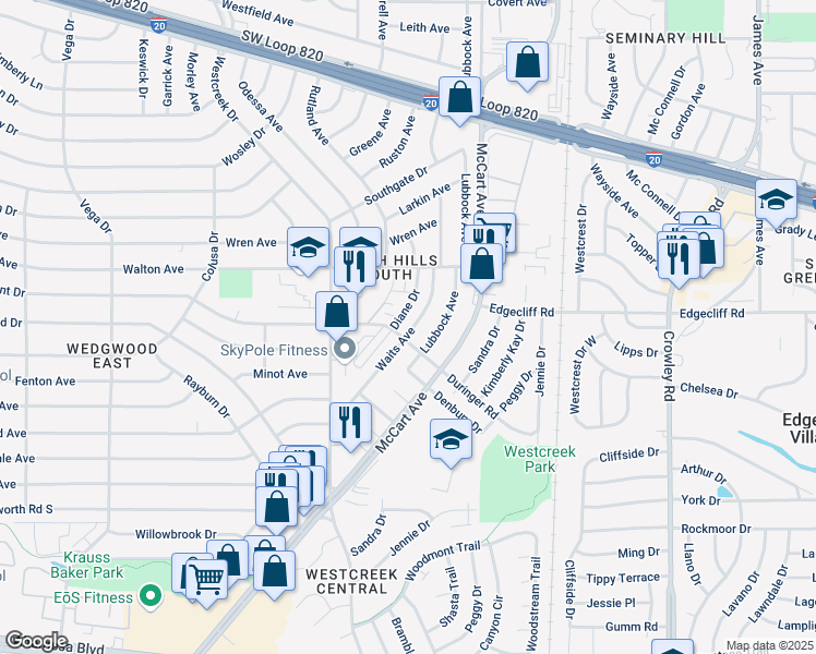 map of restaurants, bars, coffee shops, grocery stores, and more near 5808 Waits Avenue in Fort Worth