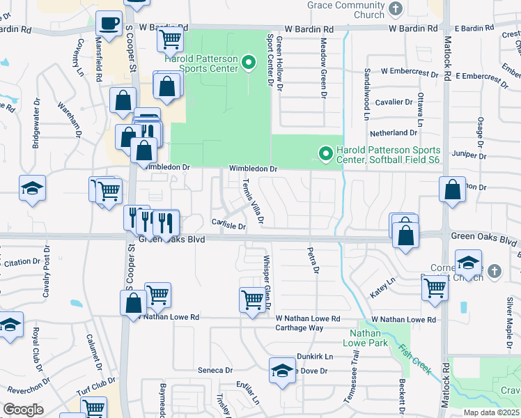 map of restaurants, bars, coffee shops, grocery stores, and more near 5305 Tennis Villa Drive in Arlington