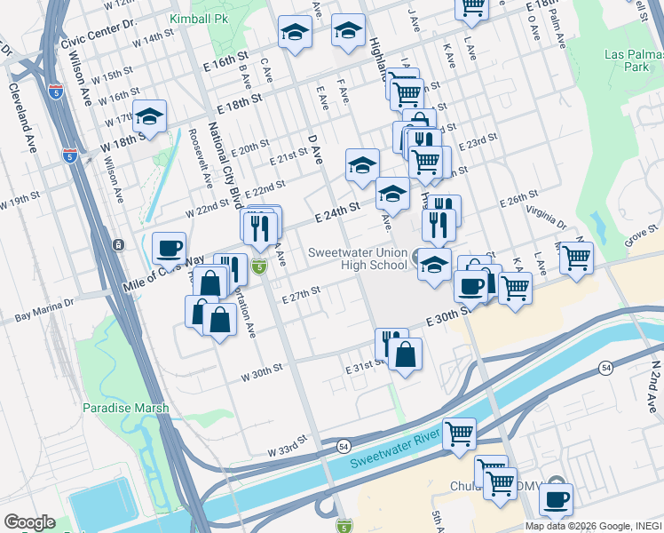 map of restaurants, bars, coffee shops, grocery stores, and more near in San Diego County