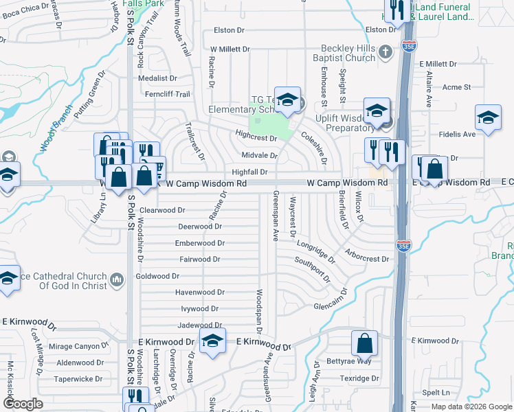 map of restaurants, bars, coffee shops, grocery stores, and more near 715 Clearwood Drive in Dallas