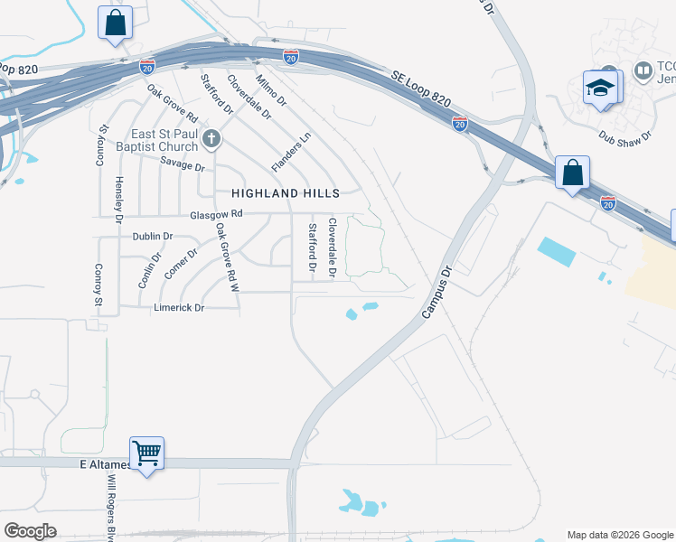 map of restaurants, bars, coffee shops, grocery stores, and more near 5625 Cloverdale Drive in Fort Worth