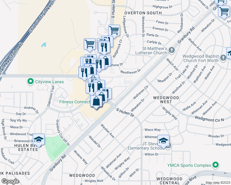 map of restaurants, bars, coffee shops, grocery stores, and more near 6051 South Hulen Street in Fort Worth