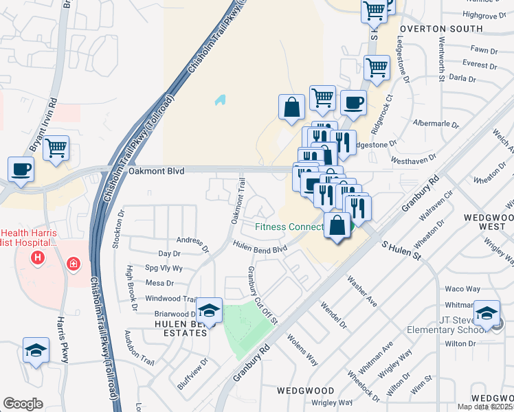 map of restaurants, bars, coffee shops, grocery stores, and more near 6055 Ridgecrest Trail in Fort Worth