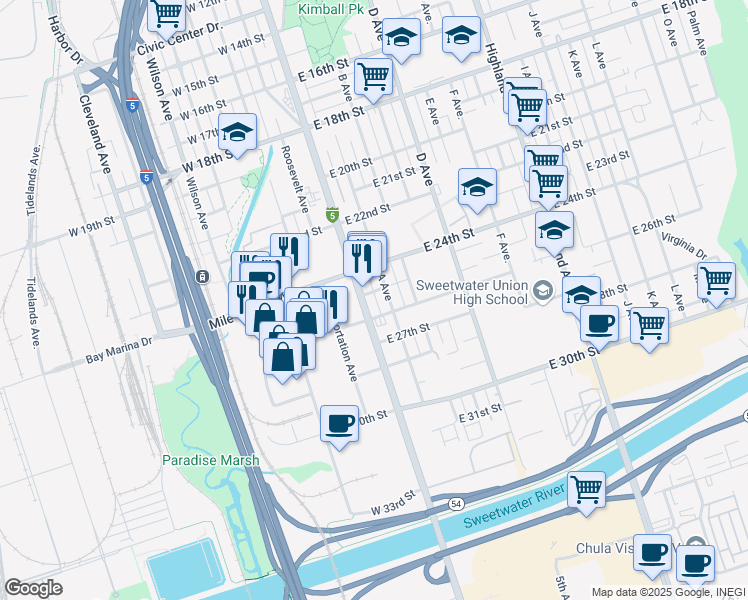 map of restaurants, bars, coffee shops, grocery stores, and more near 2501 National City Boulevard in National City