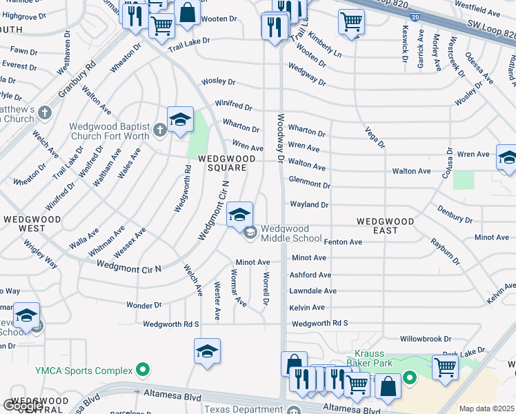 map of restaurants, bars, coffee shops, grocery stores, and more near 5641 Wonder Drive in Fort Worth