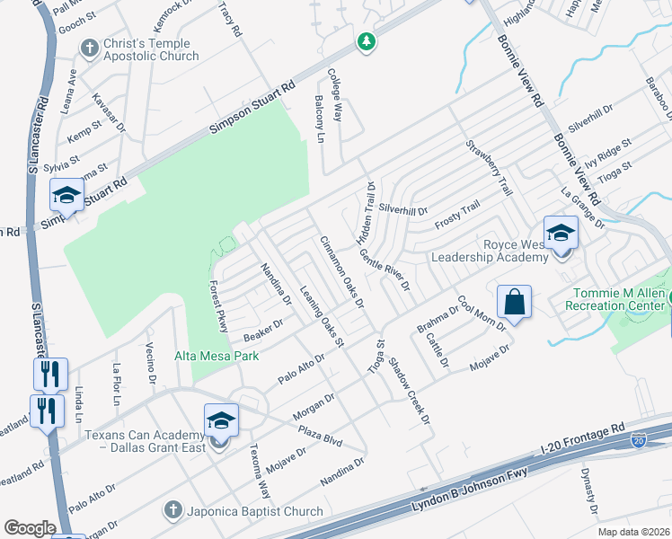 map of restaurants, bars, coffee shops, grocery stores, and more near 6421 Cinnamon Oaks Drive in Dallas