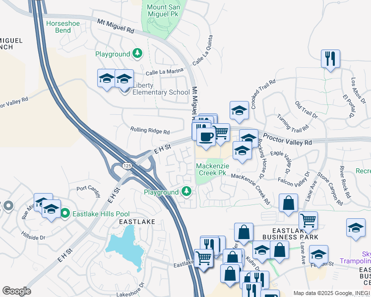 map of restaurants, bars, coffee shops, grocery stores, and more near 2240 Lago Ventana in Chula Vista