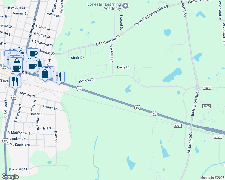 map of restaurants, bars, coffee shops, grocery stores, and more near 911 East Broad Street in Mineola