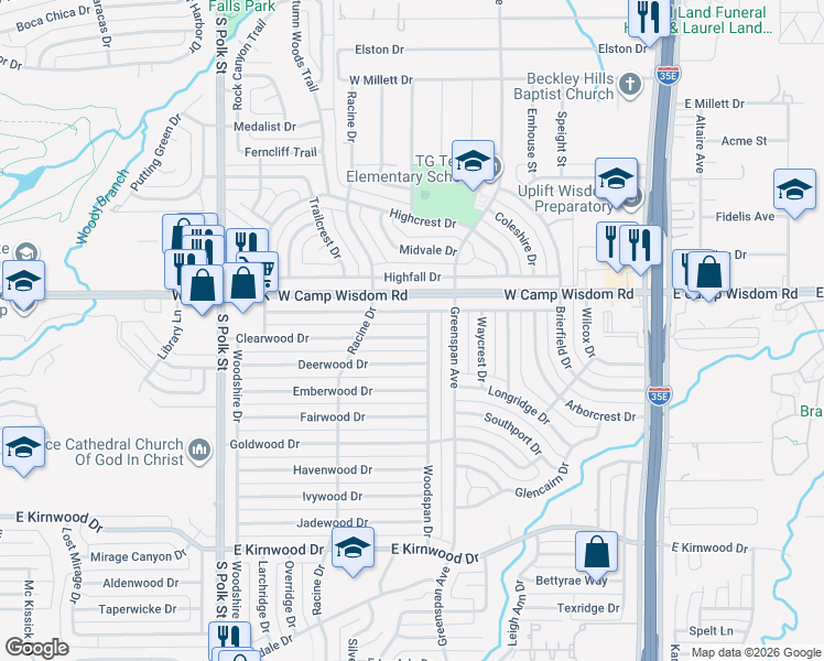 map of restaurants, bars, coffee shops, grocery stores, and more near 715 Clearwood Drive in Dallas